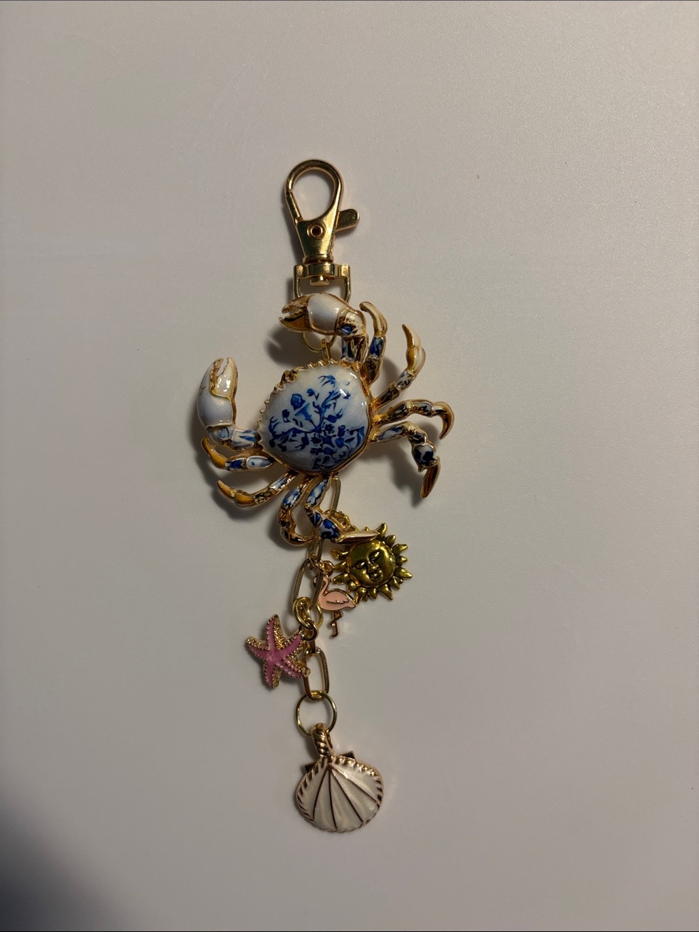 Gold Tone Blue & White Crab purse charm or keychain with Pink Charms
